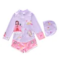 Detailed view of long sleeve kids swimsuit with cartoon patterns and matching swim cap - 2XL (110-120cm, 39-47 Jin) / Purple Tea Party Style (D247-4MZ)