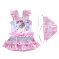 Niedlicher pinker Einhorn-Badeanzug für Kinder mit passender Kappe und Rüschendetails - S (70-80cm) / Set / Schwingendes Einhorn-Stil (CM2025-3XY)
