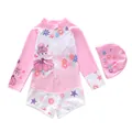Detail of girls long-sleeve swimsuit set with pink cartoon prints and matching swim cap - 2XL (110-120cm, 39-47 Jin) / Pink Flower Dance Style (D247-1MZ)