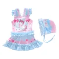 Flachbild von rosa Mädchen Einhorn-Badeanzug mit Rüschenrock und passendem Sonnenhut - S (70-80cm, 7.5-10kg) / Set / Kopf Hoch Einhorn Stil (2025-12MZ)