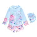 Close-up of girls long sleeve swimsuit with zipper and floral cartoon pattern - 2XL (110-120cm, 39-47 Jin) / Light Blue Alice Style (D247-5MZ)