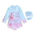 Detailed view of girls long sleeve swimsuit set with cute cartoon print and front zipper - 2XL (110-120cm, 39-47 Jin) / Light Blue Melodious Style (D247-7MZ)