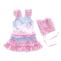 Detail eines rosa-blau verlaufenden Mädchen-Badeanzugs mit Einhorndruck und Rüschen - S (70-80cm, 7.5-10kg) / Set / Auf Wolken Sitzendes Einhorn Stil (2025-10MZ)