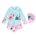 Detail of girls' long-sleeve swimsuit with cartoon girl print and matching swimming cap - 2XL (110-120cm, 39-47 Jin) / Light Blue Cello Style (D247-3MZ)
