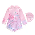 Flat lay of pink girls long sleeve swimsuit with floral patterns and matching swim cap - 2XL (110-120cm, 39-47 Jin) / Pink Purple Splendid Flower Style (D247-8MZ)