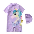 Détail du maillot de bain licorne pour fille avec volants arc-en-ciel et bonnet assorti - S / Licorne Violette (CM21-5)