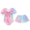 Detalle de traje de baño de dos piezas para niñas con estampado de sirena y lazo rosa - 2XL (110-120cm) / Conjuntos / Campeona de Certamen de Belleza (CM2505-1BZ)