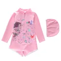 Detail of pink long-sleeved girls' swimsuit with mermaid prints and matching swim cap - 2XL / Top And Bottom / Pink Mermaid Style