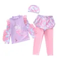 Three-piece girls long sleeve swimsuit set with mermaid print and ruffle details - Purple Mermaid
