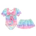 Bañador de dos piezas para niña con estampado de sirena y lazo rosa en tonos pastel - 2XL (110-120cm) / Conjuntos / Sirena Danzante (CM2505-8BZ)