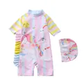 Maillot de bain une pièce licorne pour enfants avec bonnet et bords à volants - S / Fée Rayée (D42-2BT)