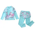 Detail of girls' long-sleeve swimsuit with unicorn print and rainbow mesh trims - Dance of Butterflies