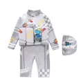 Detail van drijvend zwempak voor kinderen met dinosaurusprint en ritssluiting - Dinosauriër Motorfiets (D2390-20MZ)