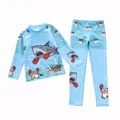 Detail of kids two-piece long sleeve swimsuit with cartoon shark and ocean print - Shark Boxing Style (P2418-7BW)