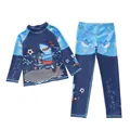 Detail view of boy's long-sleeve swimwear featuring cartoon shark and ocean pattern prints - Underwater Football Style (P2418-2BW)