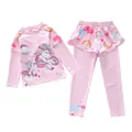 Kids long sleeve pink swimwear set with unicorn print and tiered shoulder details - 2XL / Starry Dream