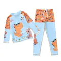 Flat lay of kids long sleeve sun protection swimsuit with blue dinosaur theme and drawstring pants - Bright Sunshine Style (P2418-12XY)