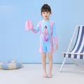 Driedelig meisjes badpak met lange mouwen, zeemeermin print en blauw-roze patchwork - XL / Blauw Roze Zeemeermin (2BZ Jurken Meisje)
