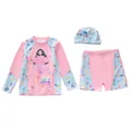 Driedelig meisjes zwempak met lange mouwen, zeemeermin print en bijpassende badmuts - XL / Roze Blauw Zeemeermin (4BZ Prinses)