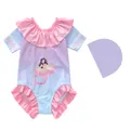 Costume da bagno intero viola sfumato per bambine con stampa sirena e volant - 2XL / Stile Principessa delle Conchiglie