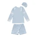 Detailansicht der langärmeligen Jungen-Bademode mit Haifischprint und elastischer Badekappe - L / Hellblau Hai (Vollfutter)