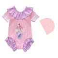 Costume intero da bambina rosa e viola con stampa sirena e cuffia da nuoto abbinata - 2XL / Stile Salto