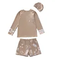 Flache Ansicht des Kinder-Schwimmsets in Khaki mit Dinosaurier- und Musiknoten-Print - L / Khaki Musiknote (Vollfutter)