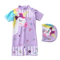 Toddler girl lilac one-piece unicorn swimsuit with matching swim cap set - S / Purple Stripe (c21-2)