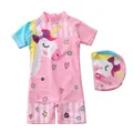 Maillot de bain rose une pièce pour fille avec motif licorne et bonnet assorti - S / Corne à Rayures Roses (c21-1)
