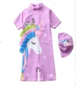 Purple one-piece swimsuit for girls with 3D unicorn mane and matching swim cap set - S / Purple Fan Ruffle Unicorn (CM50-1)