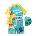 Kids long sleeve dinosaur swimsuit and hat set in green and yellow colorblock design - S / Cyan Green Yellow Patchwork Dinosaur Car Pattern Style