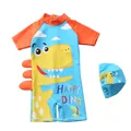 Blue and orange boys dinosaur swimsuit set with cartoon print and matching swim cap - S / Sky Blue Orange Patchwork Yellow Dinosaur Design
