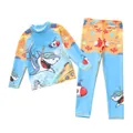 Kids long sleeve two-piece swimsuit set with cartoon shark print in blue and orange - Ocean Rescue Team (P2418-10BW)