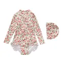 Detail of girls long sleeve swimsuit with strawberry print and matching swim cap - Red Strawberry