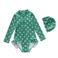 Kids long sleeve one-piece swimsuit in bean green with white heart prints and ruffles - Pea Green Heart