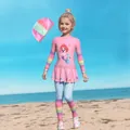 Pink mermaid long sleeve sun protection swimwear set for girls with rainbow stripes - 2XL (110-120cm, 39-47) / Set / Beautiful Girl Style (D241112-1YT)