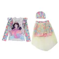 Detailed view of girls mermaid swimsuit with long sleeves and yellow tulle skirt - 2XL / Long Sleeve Top And Mesh Skirt And Swimming Cap / Magic Ball