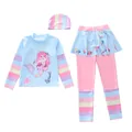 Three-piece girls mermaid long sleeve swimwear set with rainbow stripes and sun cap - 2XL (110-120cm, 39-47) / Set / Beautiful Legend Style (D241112-2YT)