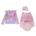 Three-piece girls' swimwear set with long sleeves, pink tulle skirt and mermaid print - 2XL / Long Sleeve Top And Mesh Skirt And Swimming Cap / Light Blue