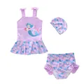 Dreiteiliges lila Meerjungfrau-Badeanzug-Set für Mädchen mit Rock, Hose und Hut - L / Blau Seestern Muschel (3BW)
