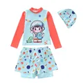 Three-piece space themed kids swimwear set with long sleeves and cartoon prints - 2XL / Dinosaur Friends