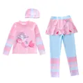 Three-piece girls mermaid swimsuit with long-sleeve top, skirted pants, and matching swim cap - 2XL (110-120cm, 39-47) / Set / Happy Childhood Style (D241112-5YT)
