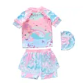 Driedelig meisjes zwempak met zeemeermin print, ruches en pastel marmeren patroon - 2XL / Regenboog Roze Blauw