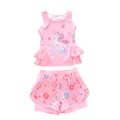 Pink two-piece girls swimsuit with unicorn prints and ruffled hem on white background - 2XL / Pink Unicorn Style (D250411-1YT飞)