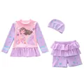 Driedelig meisjes zwempak met lange mouwen, zeemeerminmotief en ruches in roze-paars - 2XL / Roze Paarse Zeemeermin Zeester (CM250404-2XZ)