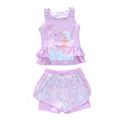 Two-piece purple girls' swimsuit with mermaid print, ruffle hem, and mesh shorts set - 2XL / Purple Mermaid Boat Style (D250411-3YT渔船)