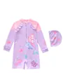 Detail of girls mermaid long sleeve swimsuit with ruffle trim and ocean prints - Purple And Pink Mermaid Character