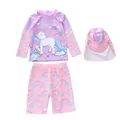 Three-piece girls' swimsuit with unicorn print, long sleeves, and ruffle collar trim - 2XL / Pink Purple Unicorn Rainbow (CM250407-2BW)