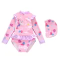 Roze zeemeermin badpak met lange mouwen voor meisjes inclusief badmuts en ruches - S (70-80cm 15-20 Jin) / Set / Roze Schelpenpatroon