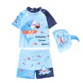 Detailansicht von Hai-Schwimmoberteil für Kinder mit passender Hose und Haifisch-Kappe - L / Kokosnuss Hai